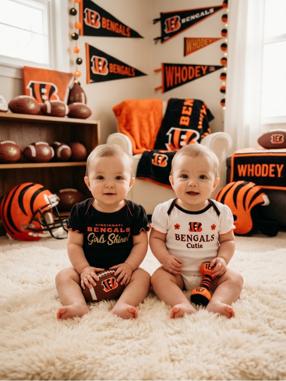 (2)Cincinnati Bengals Baby Onesie Set - Black & White with Orange Accents Unisex - Picture 1 of 7